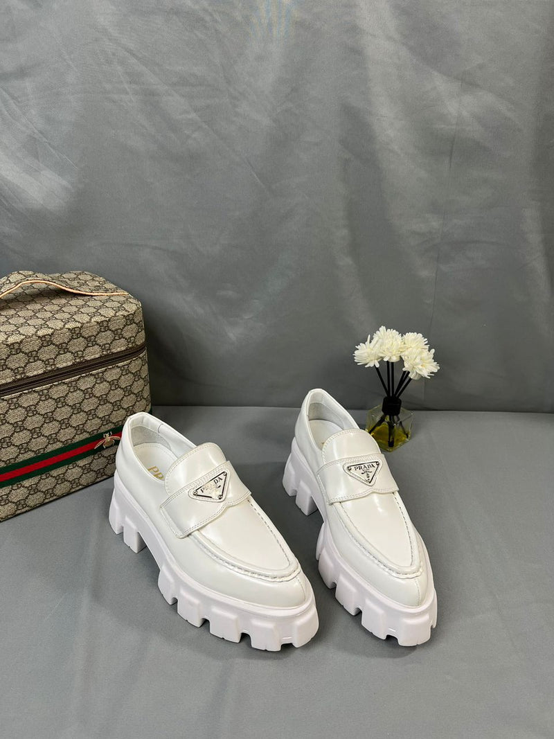 Prada Brushed Leather Monolith Loafers White