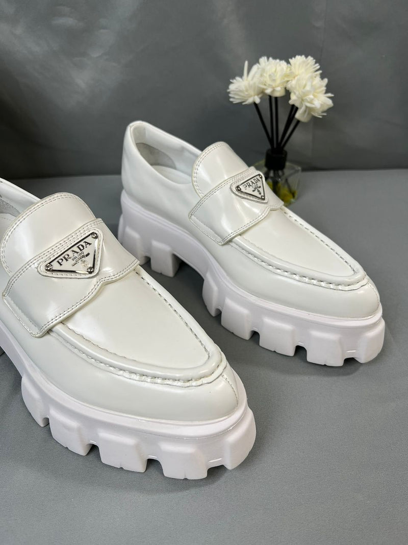 Prada Brushed Leather Monolith Loafers White